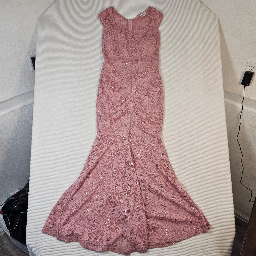 La Scala Pink Lace Sequin Mermaid Evening Gown Dress 23555 Large - Picture 3 of 7